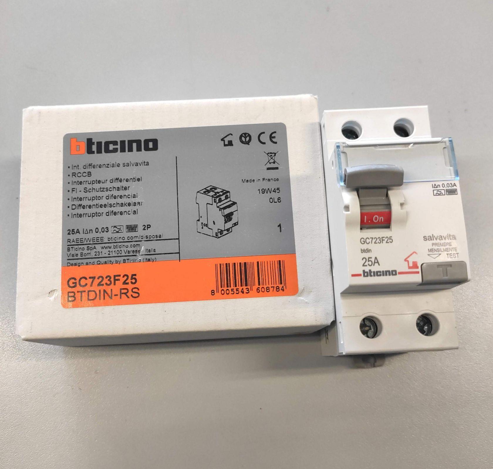 BTICINO DIFFERENZIALE PURO F 2P 25A 30MA 1 GC723F25