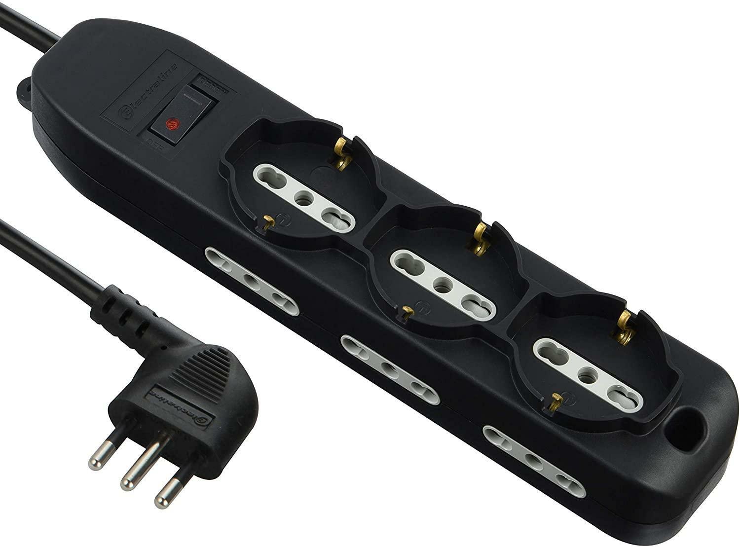 9-SITZIGE 3-POLIGE MEHRFACHSTECKDOSE 6 BIVALENTE SCHUKO 10/16A + 2-METER-KABEL MIT KLEINEM STECKER 10A 61996