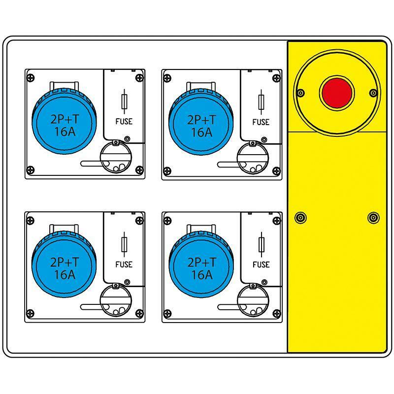 Schema frontale quadro portatile con quattro uscite 2PT 16A e vano pulsante di sgancio