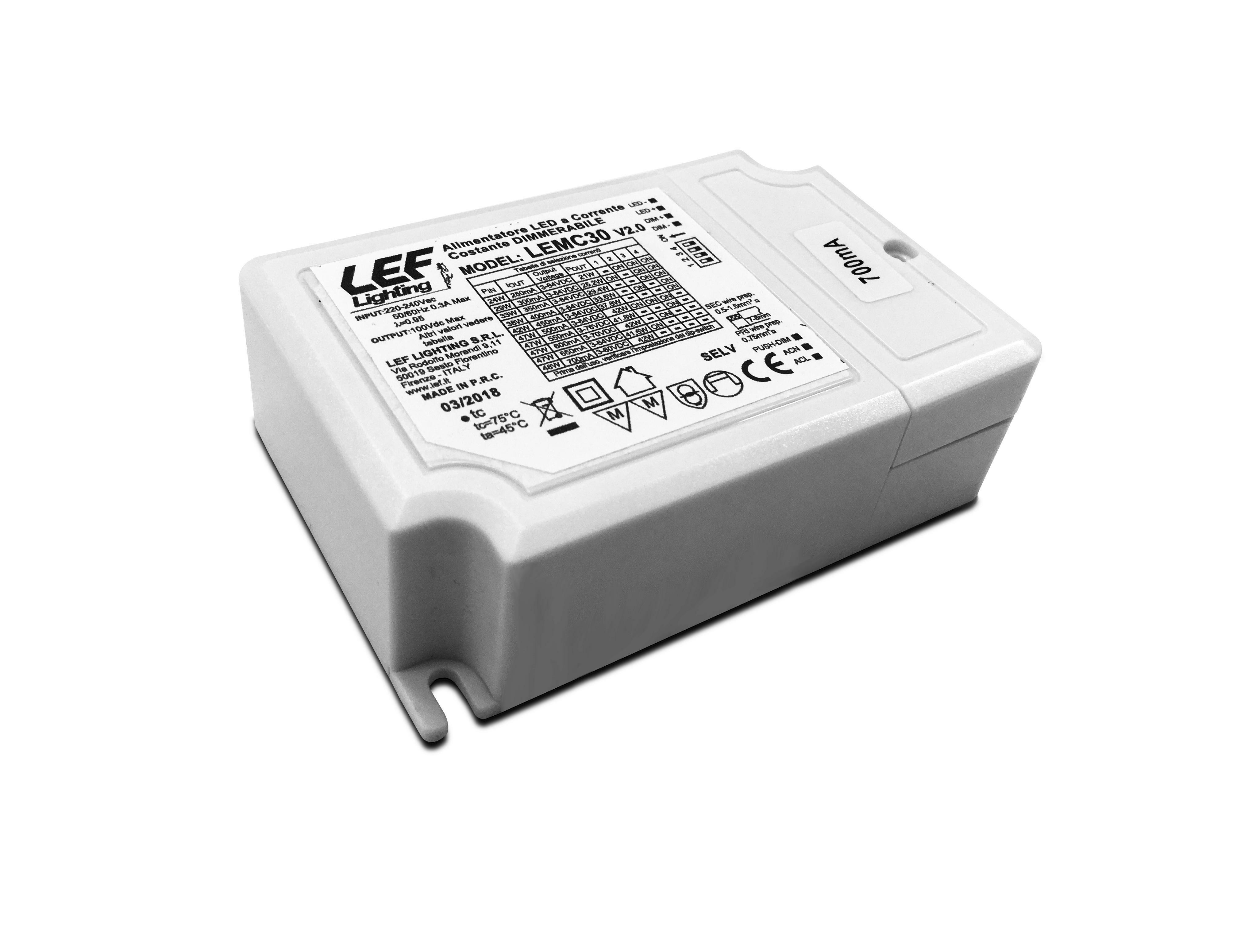 lef lef alimentatore driver led multicorrente costante 250÷700ma 42w dimmerabile con pulsante 1-10v potenziometro lemc30 - foto 1