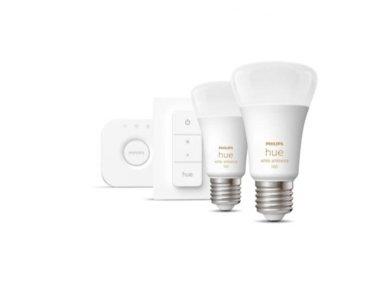 philips hue philips hue starter kit 2 lampadine e27 8w + bridge + dimmer switch 929002468406  29181200 - foto 1