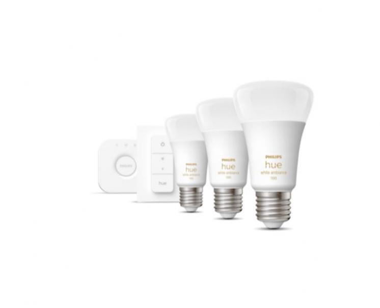 philips hue philips hue starter kit 3 lampadine e27 11w white ambiance + bridge + dimmer switch 929002468403 29123200 - foto 1