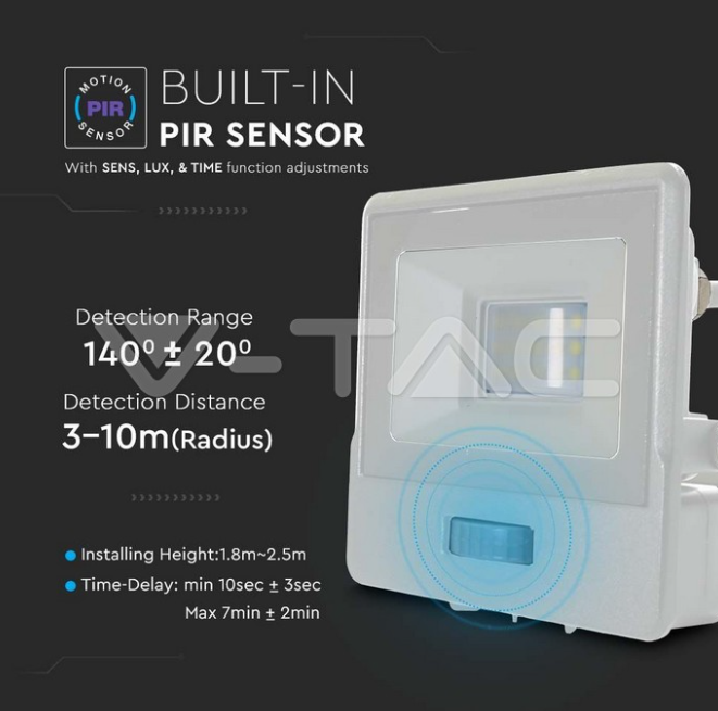 Proiettore led con sensore PIR V-tac 10W 6400K bianco VT-118S-1 - 20294 03