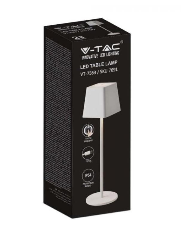 Lampada da tavolo led V-tac ricaricabile 2W 3000K 5V IP54 bianco VT-7563-W - 7691 02