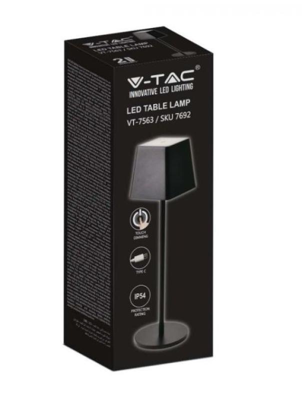 Lampada da tavolo led V-tac ricaricabile 2W 3000K IP54 5V nero VT-7563-B - 7692 02