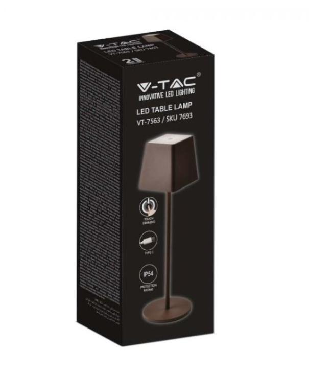 Lampada da tavolo led V-tac ricaricabile 2W 3000K 5V IP54 corten - VT-7563-C -7693 02