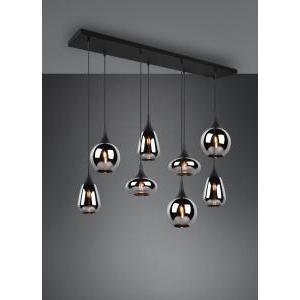 Lumina sospentouchdimmerone rettangolare metallo nero con 6 diffusori di vetro fume' cromato in forme differenti l. 115cm