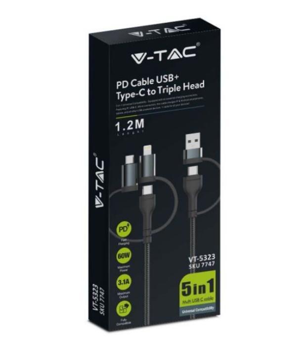 Cavo di ricarica 5IN1 V-tac con adattatori PD USB+C 1,2 metri nero VT-5323 - 7747 02