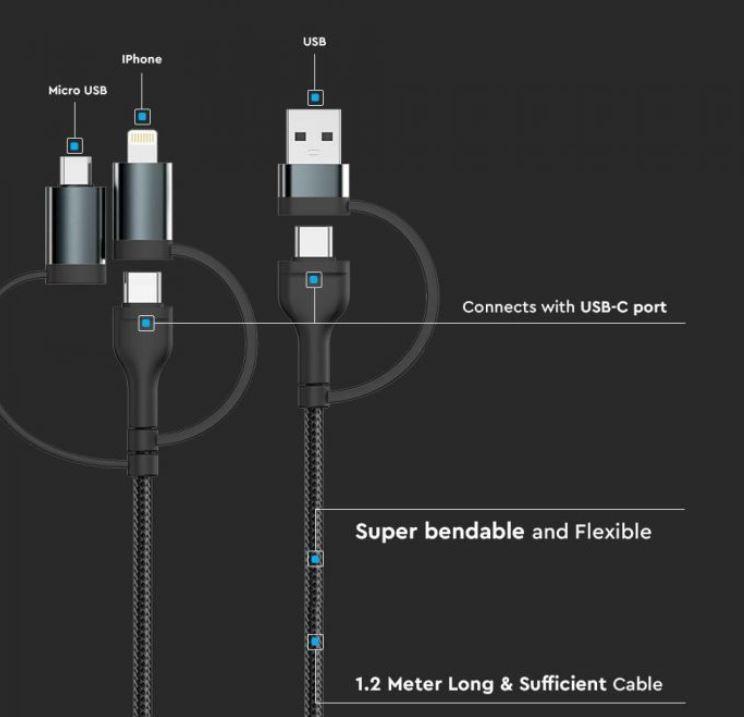 Cavo di ricarica 5IN1 V-tac con adattatori PD USB+C 1,2 metri nero VT-5323 - 7747 03