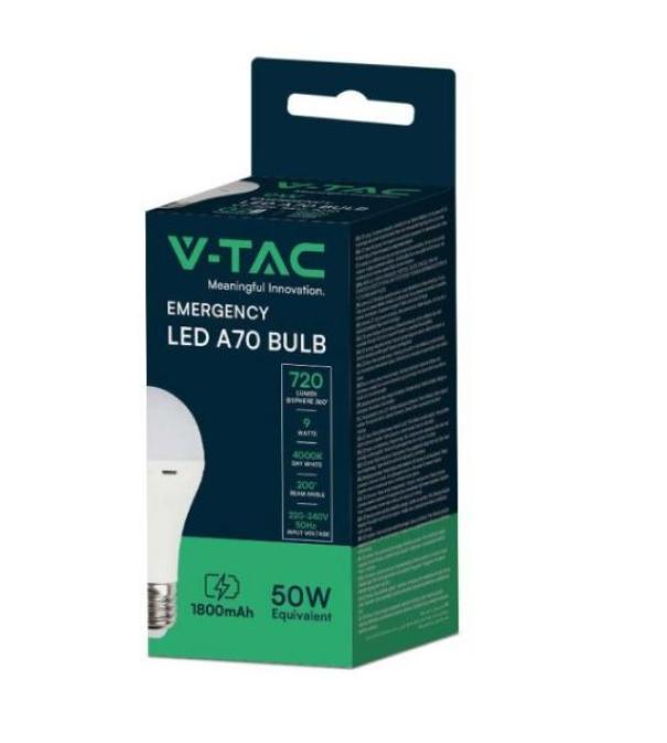 Lampadina LED Utilizzabile Come Torcia E27 9W A70 con Batteria da 3h 4000K VT-509 - 7010