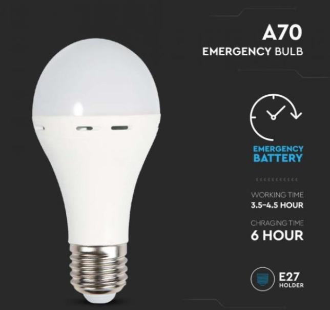 Lampadina LED Utilizzabile Come Torcia E27 9W A70 con Batteria da 3h 4000K VT-509 - 7010