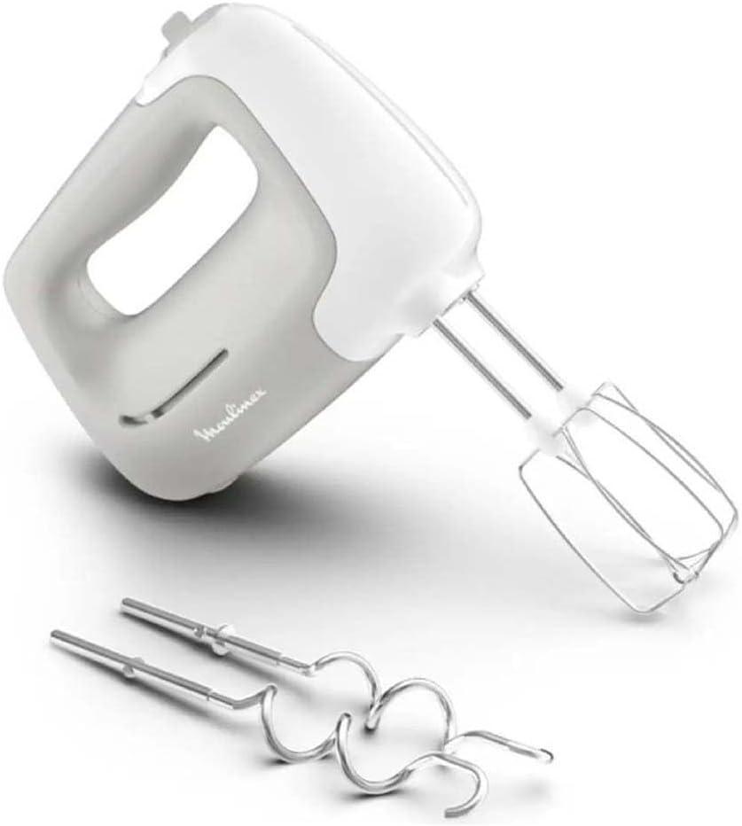 Sbattitore Moulinex 450W con accessori fruste e ganci su sfondo bianco