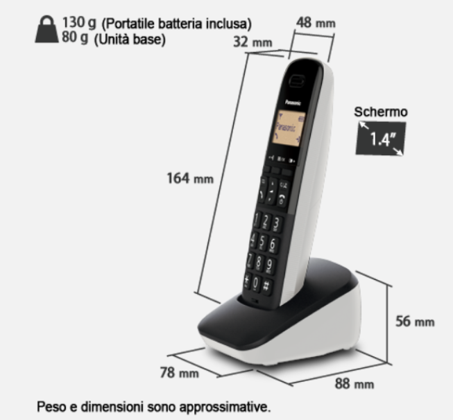 schema dimensioni telefono cordless panasonic con base e schermo 1 4