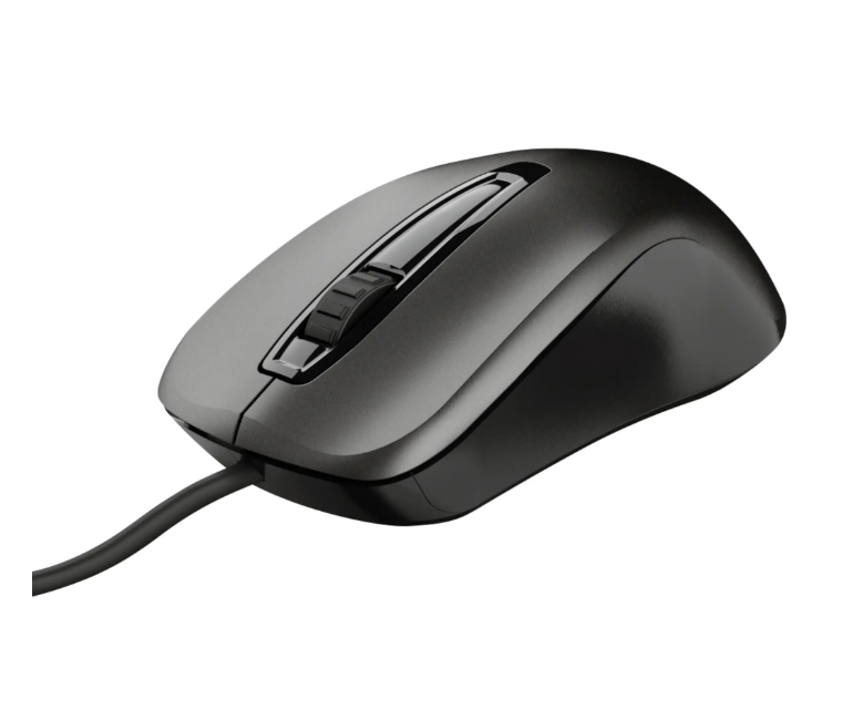 mouse usb cablato trust nero vista laterale con rotellina