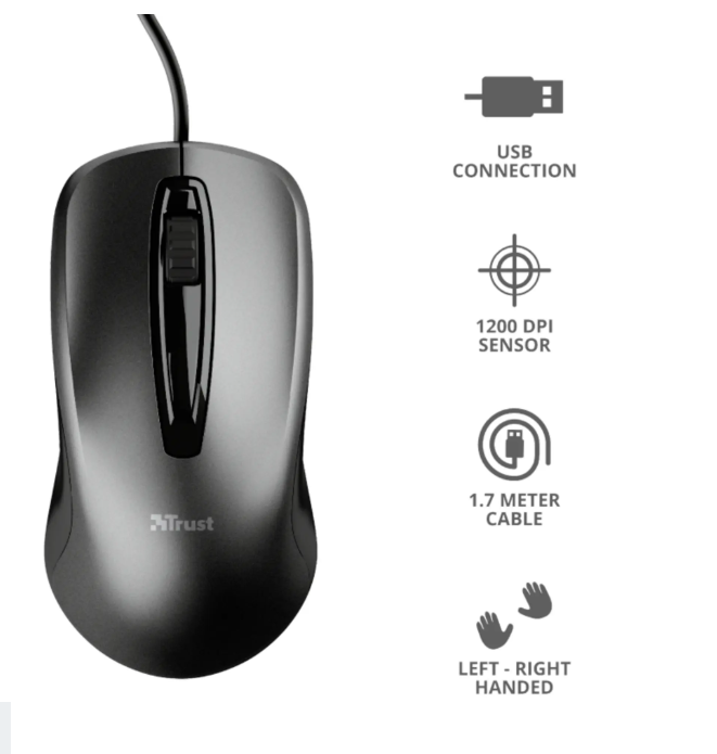 mouse trust usb cablato nero sensore 1200 dpi cavo 1 7 m uso ambidestro