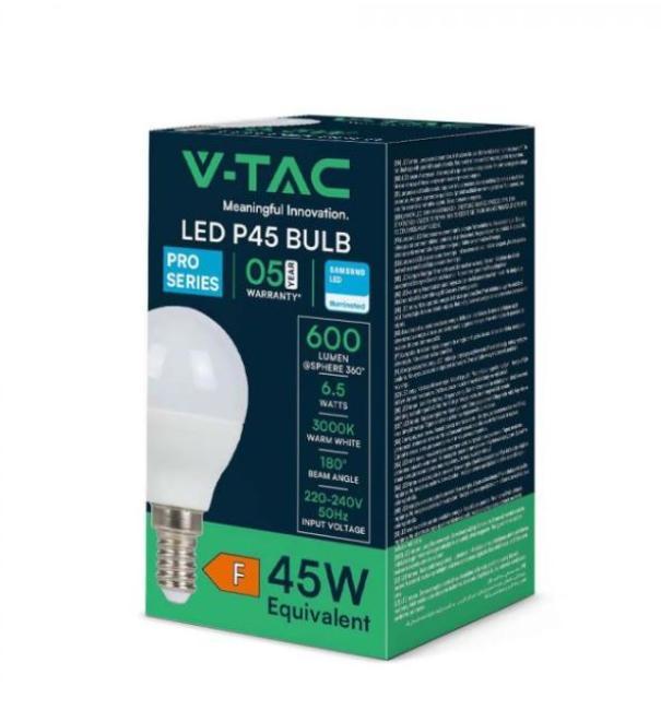 Lampadina led P45 V-tac chip Samsung E14 6,5W 3000K VT-270-N - 863 - 21863 02