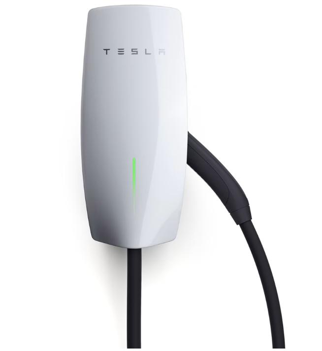 stazione di ricarica Tesla Wallbox per veicoli elettrici vista frontale con cavo di ricarica integrato