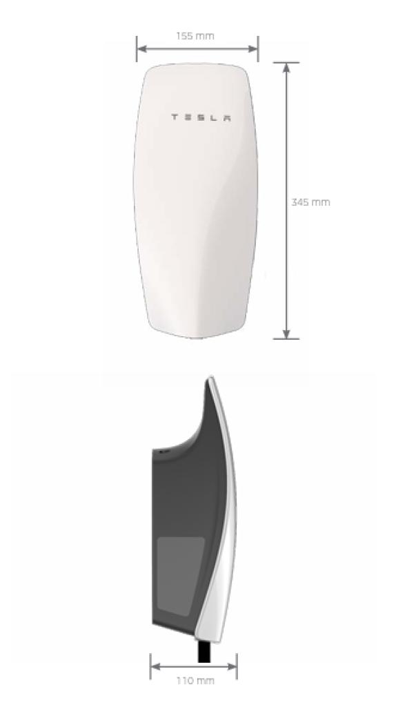 dimensioni tecniche della wallbox Tesla vista frontale e laterale con misure dettagliate