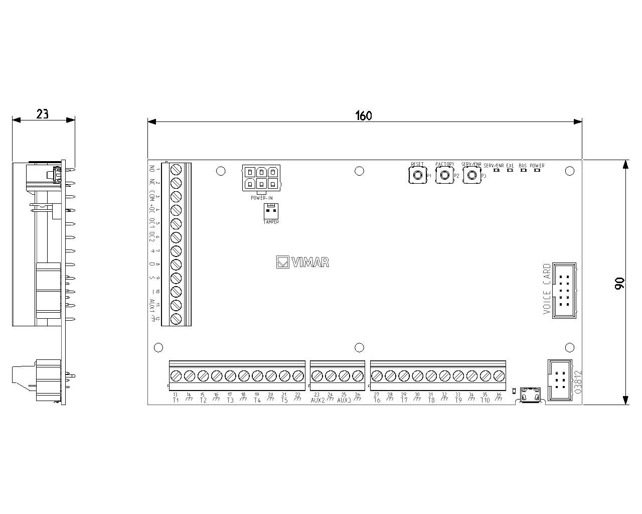 ingombri scheda centrale allarme 160 90 23 mm disegno tecnico ingombri scheda centrale allarme 160x90x23 mm