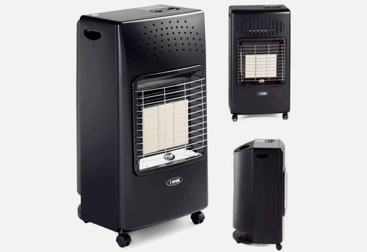 Stufa a gas infrarossi Bartolini IB221IT nera vista frontale struttura robusta e sicura per ambienti chiusi