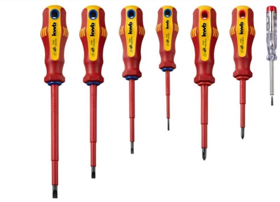 set cacciaviti isolati e cercafase impugnatura rosso giallo