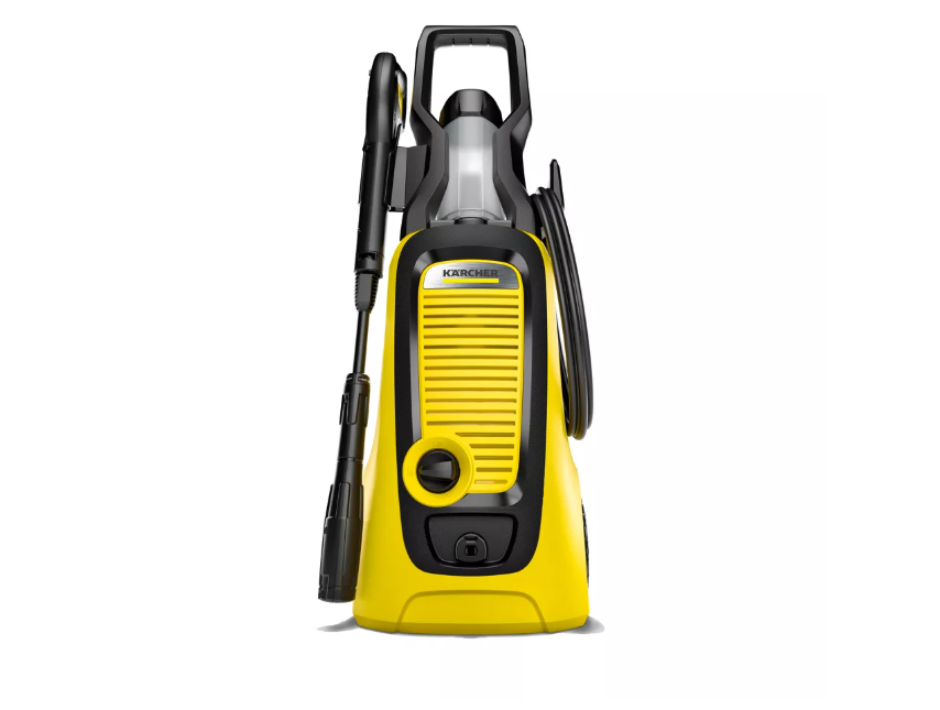 Idropulitrice elettrica Karcher vista frontale design giallo e nero con accessori