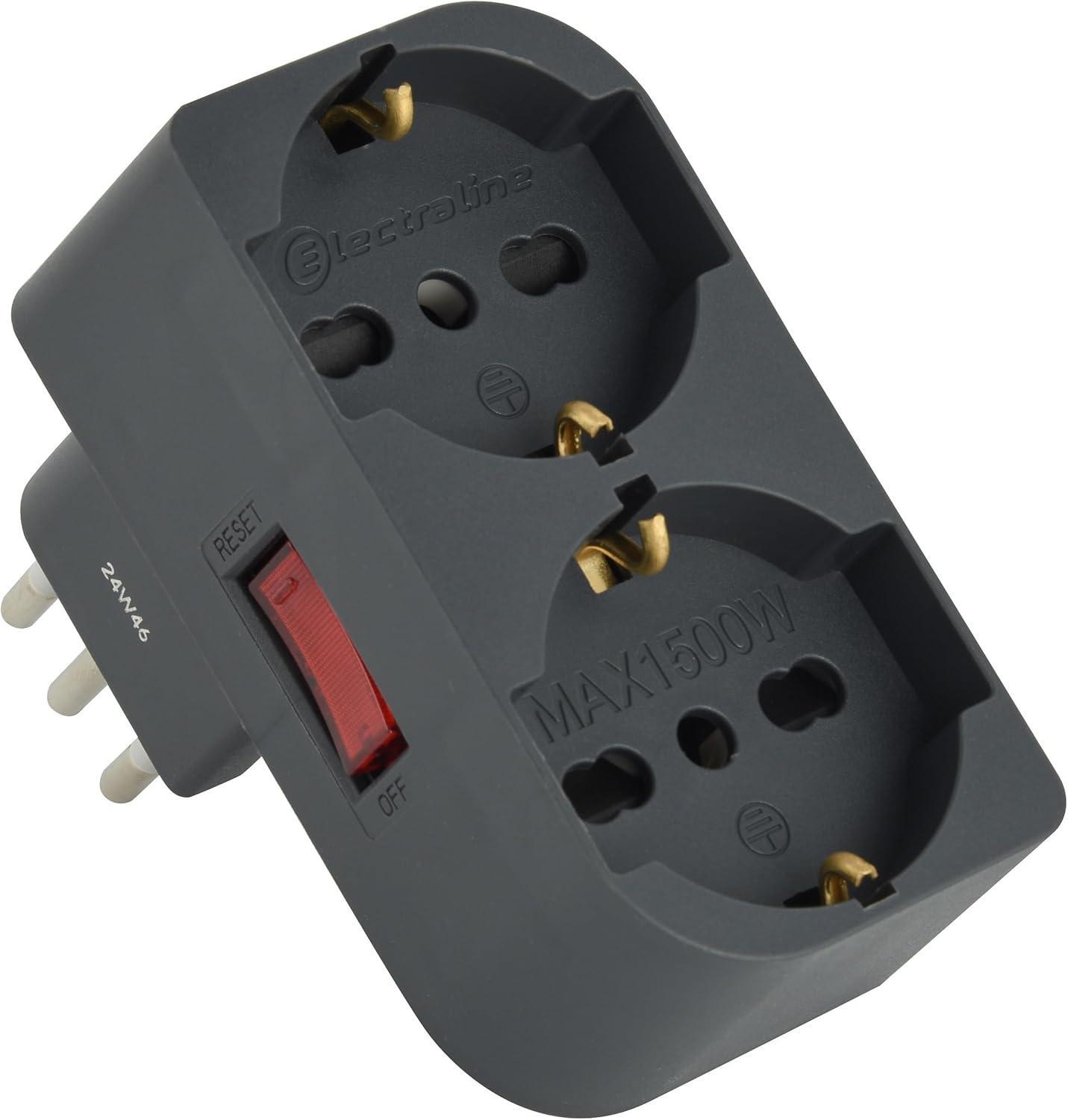 adattatore elettrico disassato nero con 2 prese p40 e interruttore protezione sovratensioni electraline