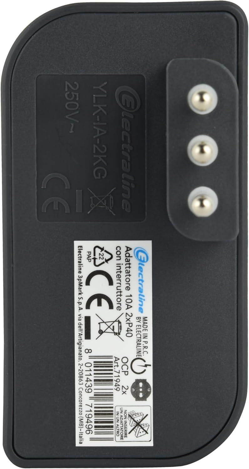 vista posteriore adattatore nero elettrico eletraline tripla presa e dati tecnici prodotto certificato ce