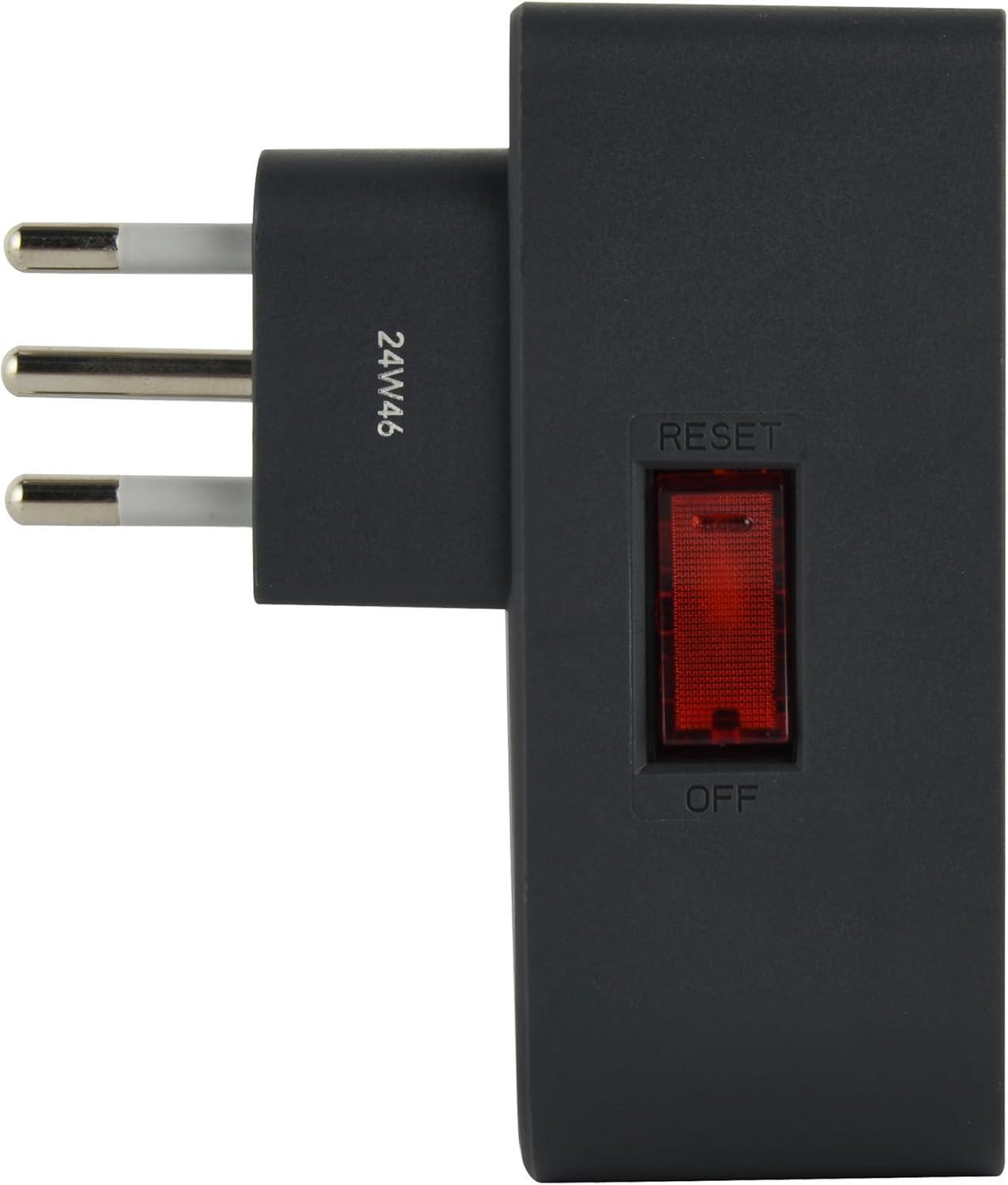 dettaglio spinotti e interruttore reset su adattatore multipresa nero electraline