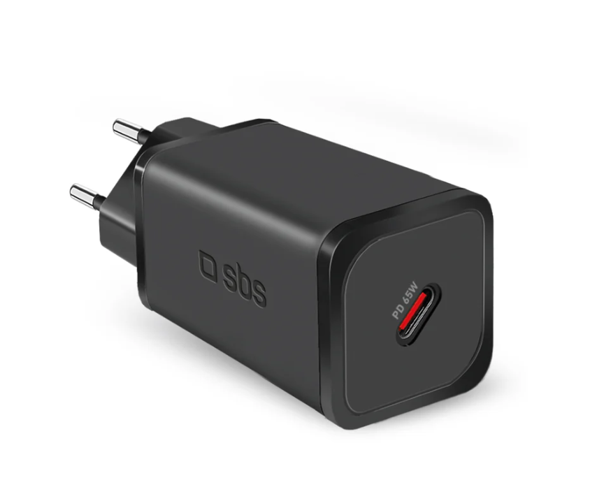 Caricatore USB-C compatto 65W SBS nero con dimensioni ridotte del 60 percento rispetto ai caricatori standard