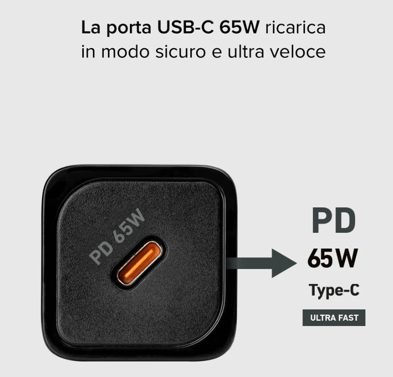 Caricatore USB-C 65W SBS nero accessorio universale per dispositivi multipli come notebook smartphone tablet