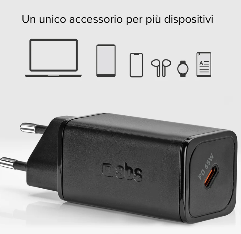 Caricatore USB-C SBS nero in evidenza design compatto e singola porta type C 65W