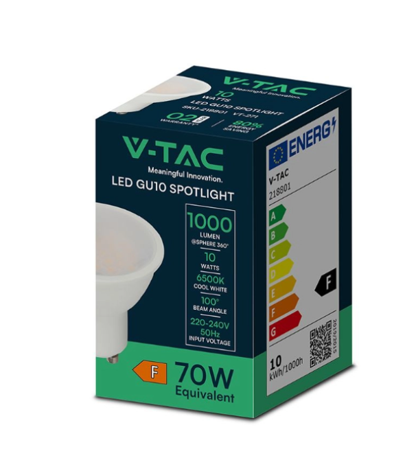 Faretto LED GU10 V-tac 10W 6500K con Copertura Satinata Fascio Ampio 110u00b0 - 218801 01