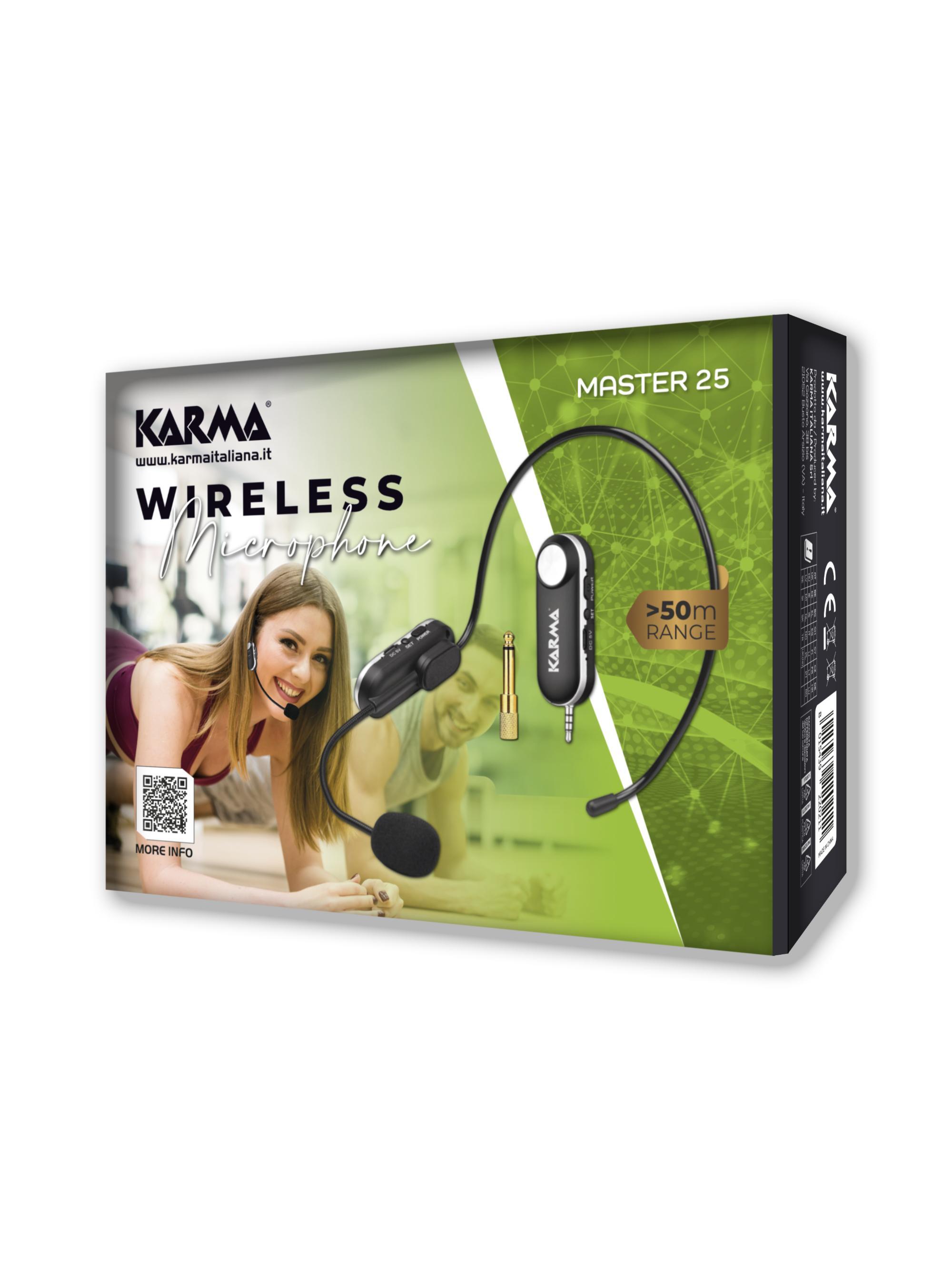 confezione microfono wireless ad archetto karma master 25 con indicazione portata