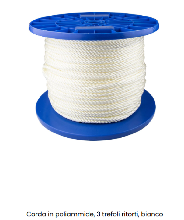 bobina corda in poliammide bianca 3 trefoli ritorti per uso nautico