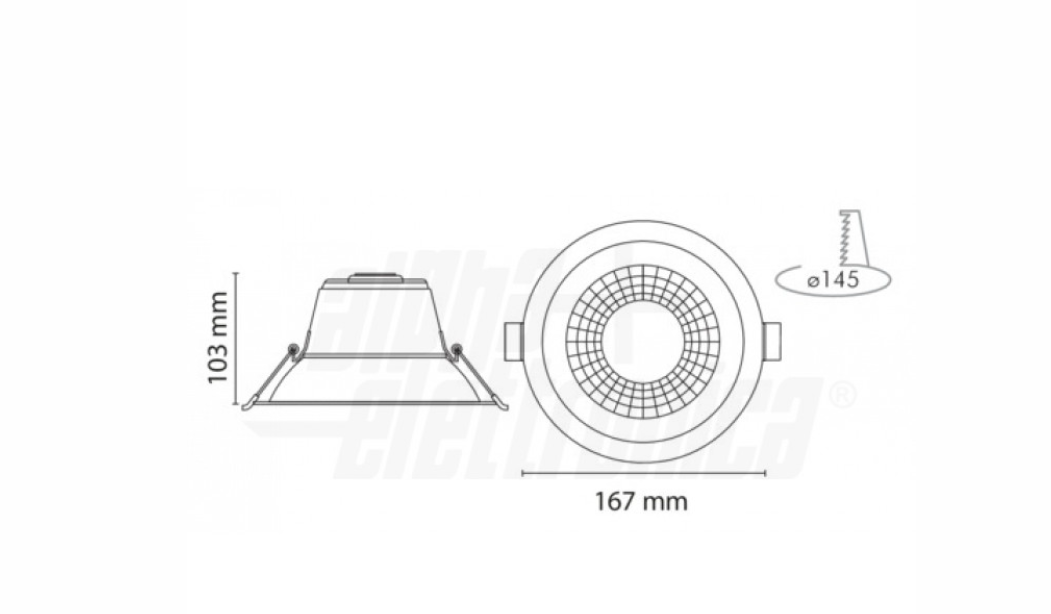 Immagine laterale faretto LED incasso bianco con sistema a molle Alpha Elettronica