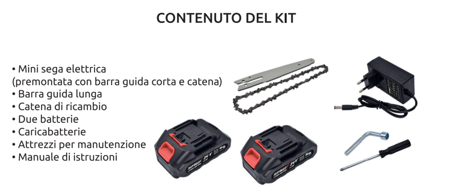 kit mini sega a catena con due batterie caricabatterie barra guida