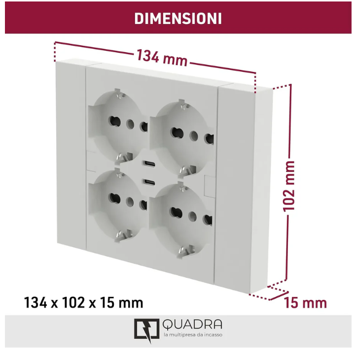 Dimensioni multipresa da incasso Electraline 134x102x15 mm con 4 Schuko e 2 USB
