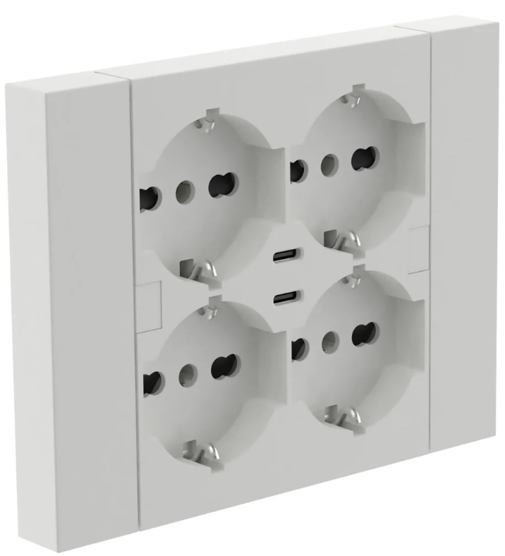 Vista frontale multipresa da incasso Electraline con quattro prese Schuko e due porte USB