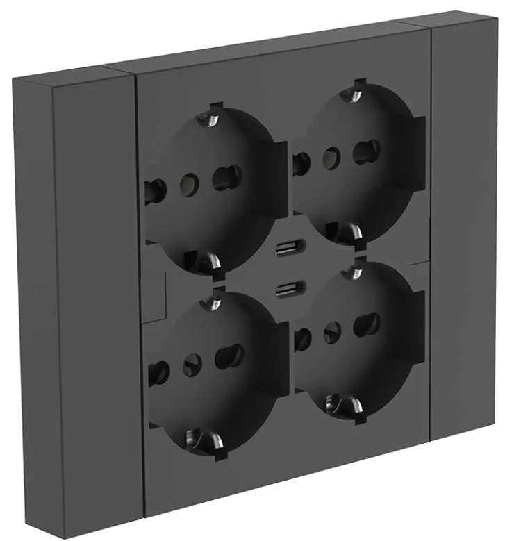 multipresa da muro nera con 4 prese schuko e 2 porte usb c electraline