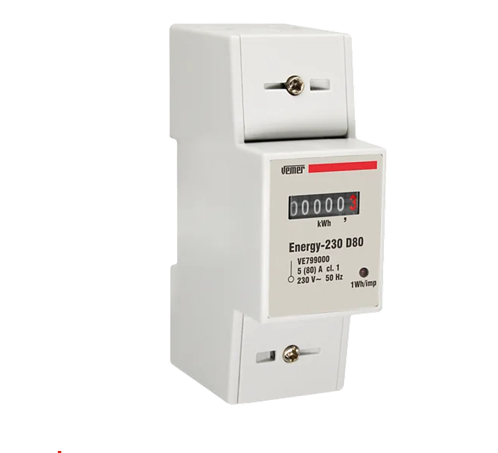 contatore energia monofase vemer energy 230 d80 vista angolare installazione barra din display numeratore led