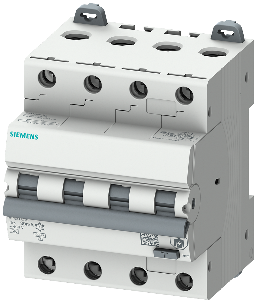 Interruttore magnetotermico differenziale Siemens 4 poli 16A protezione avanzata vista frontale