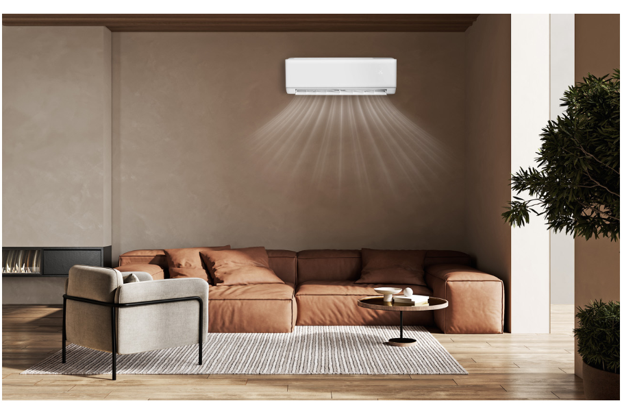 climatizzatore gree installato in soggiorno moderno con flusso aria diffuso climatizzatore gree installato in soggiorno moderno con flusso aria diffuso