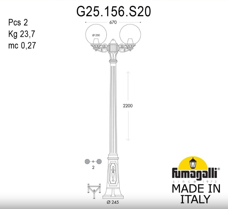 schema dimensionale palo illuminazione giardino doppio globo disegno tecnico palo da esterno doppio globo con misure principali