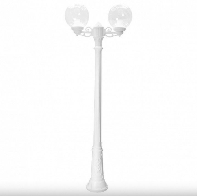 palo illuminazione esterno bianco doppio globo vista completa palo da giardino bianco a due globi vista frontale