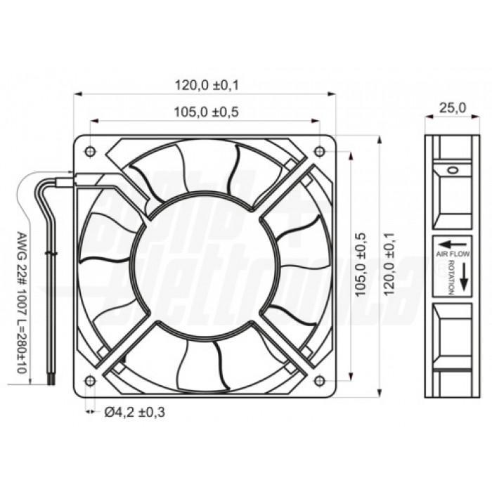 disegno tecnico ventola assiale 120x120x25 con quote e fori fissaggio