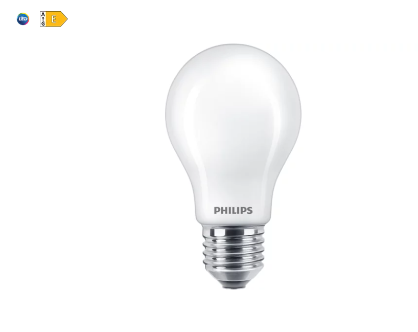 lampadina led philips e27 8.5w classe energetica e in primo piano