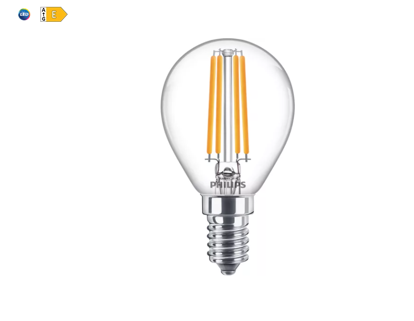 lampadina led filamento sfera e14 6.5w 60w philips per illuminazione domestica alta efficienza energetica