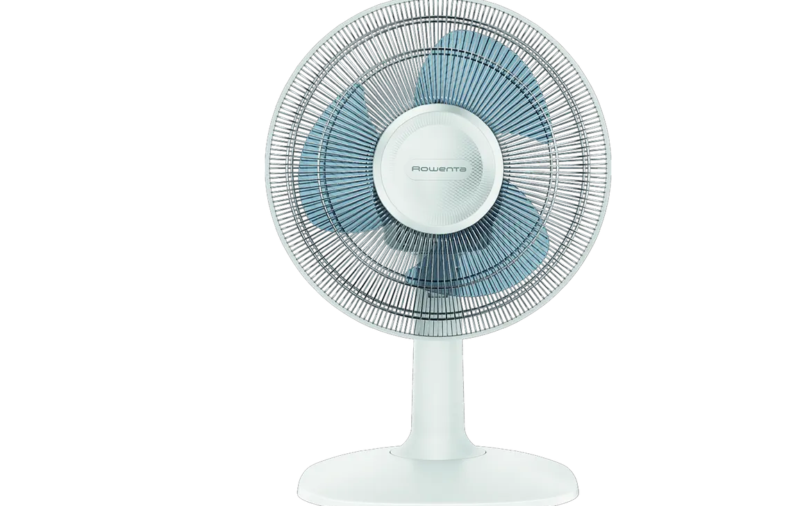 vista frontale ventilatore da tavolo rowenta con pale blu