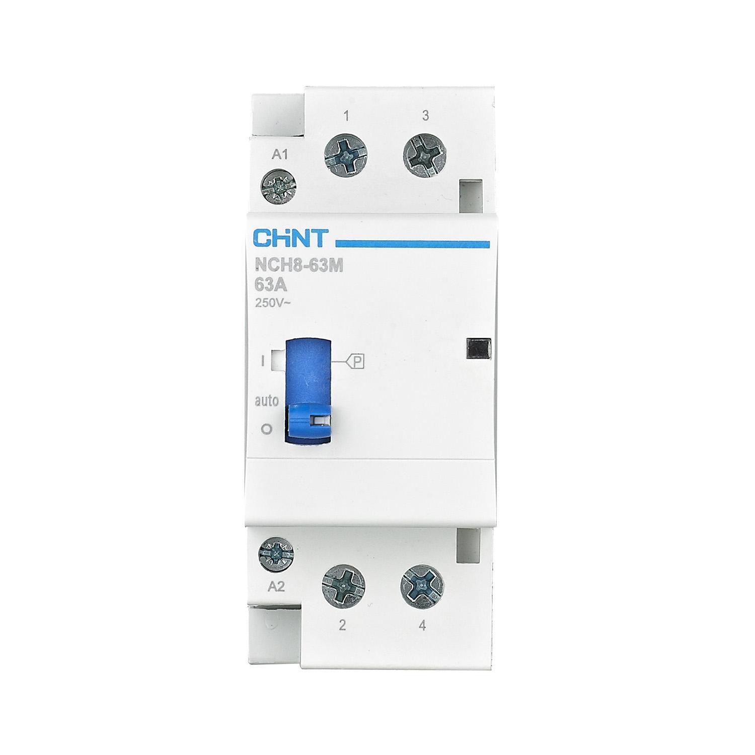 contattore modulare chint con comando manuale leva blu vista frontale